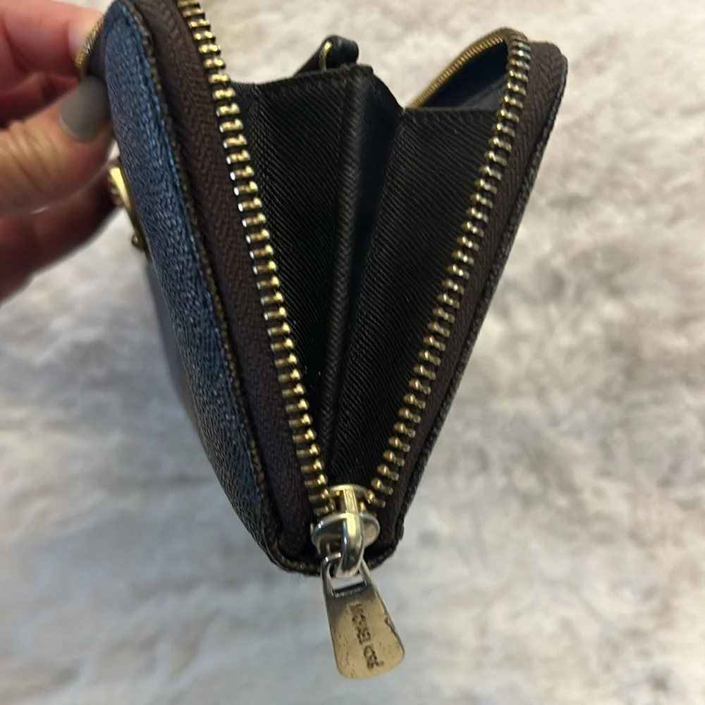 Michael Kors Beige Suede Pouch & Brown MK Signature Zip Wallet